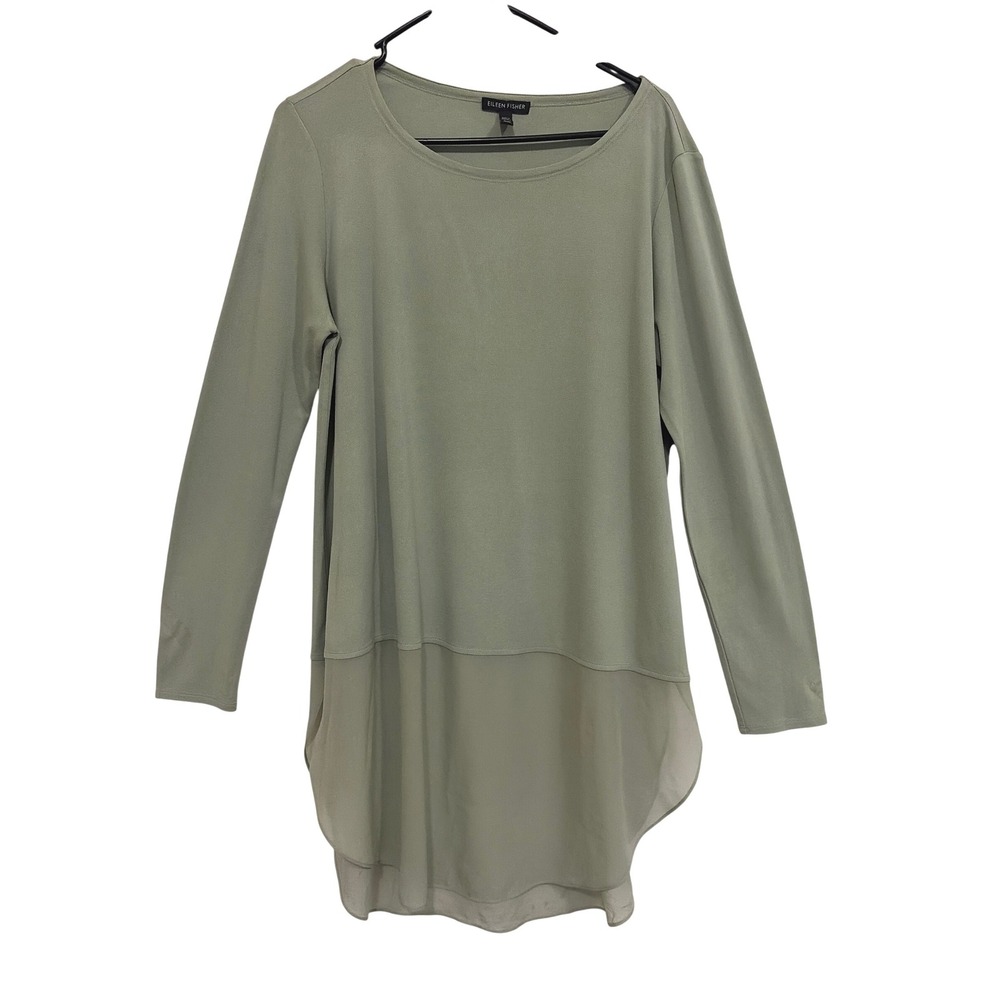 Eileen Fisher Sage Green Silk Trim Long Sleeve Tunic Top Medium M Mixed Media
